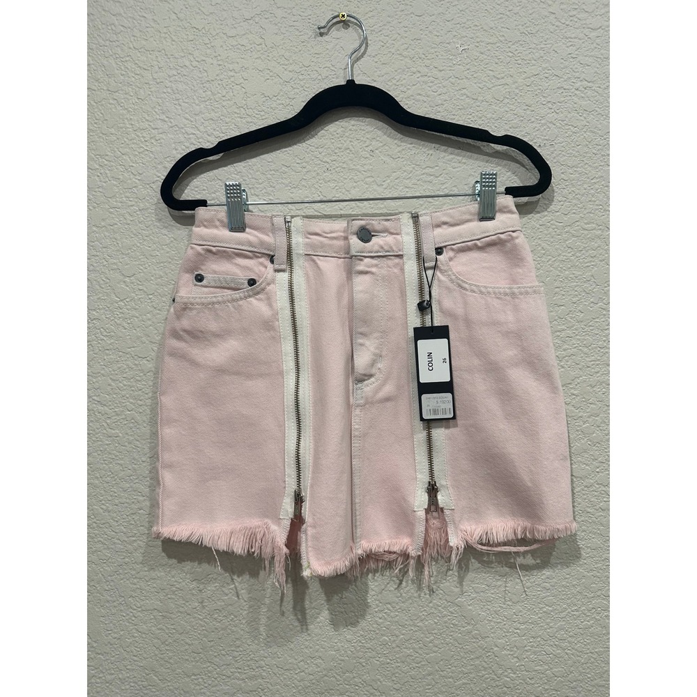 Carmar Denim Colin Pink Double Zip Frayed Hem Mini Skirt Size 26 NWT